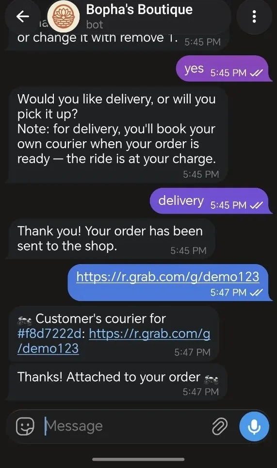 Telegram: the customer pastes their own courier's tracking link and the bot confirms it is attached to the order