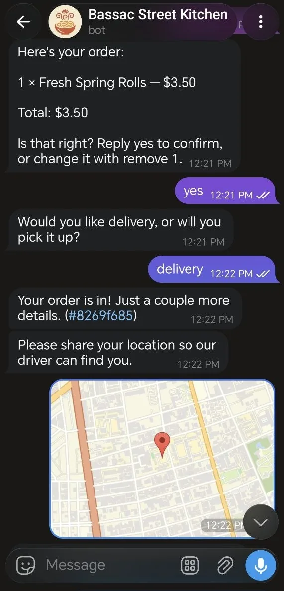 Telegram: a restaurant order is confirmed, the customer chooses delivery, and the bot asks for a location — the customer drops a map pin