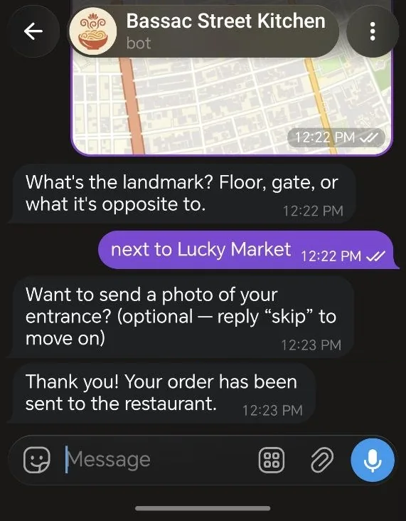Telegram: the customer gives the landmark, skips the optional entrance photo, and the order is sent to the restaurant